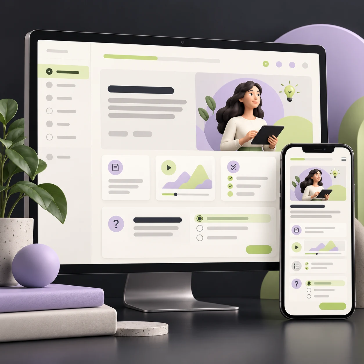 Concept artwork showing a modular e-learning course on desktop and mobile screens