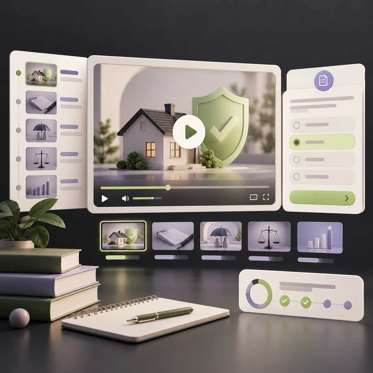 Concept artwork showing a video lesson, chapter previews, and a self-test