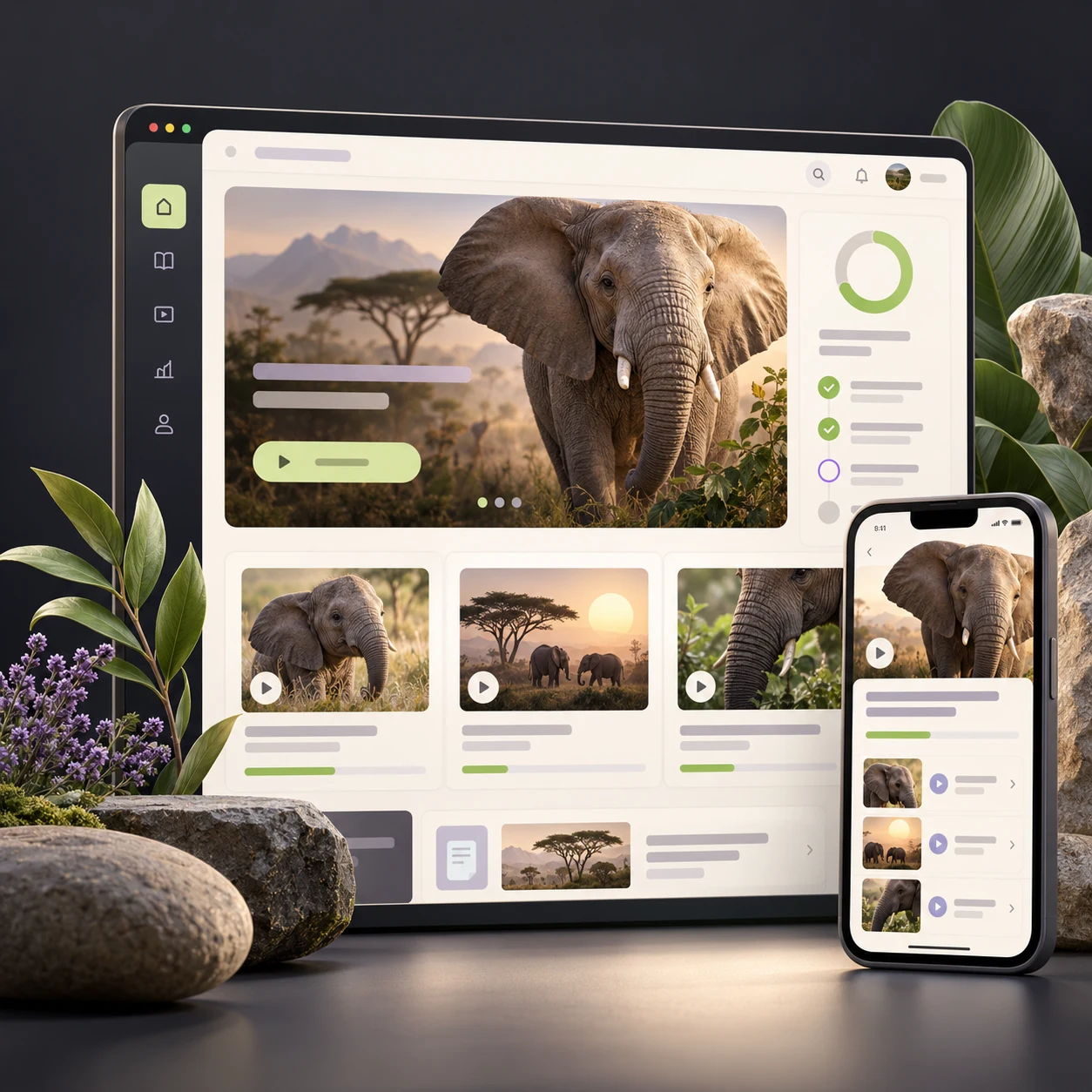 Concept artwork showing an elephant course in a learning-platform interface