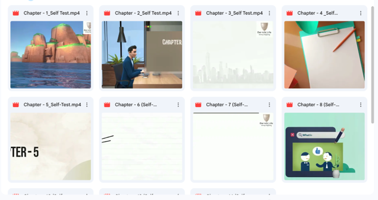 Video-based learning chapter library showing chapters 1 through 8 and their self-tests